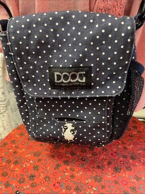 DOOG Navy Polka Dot Walkie Crossbody Bag for Walking your pet .